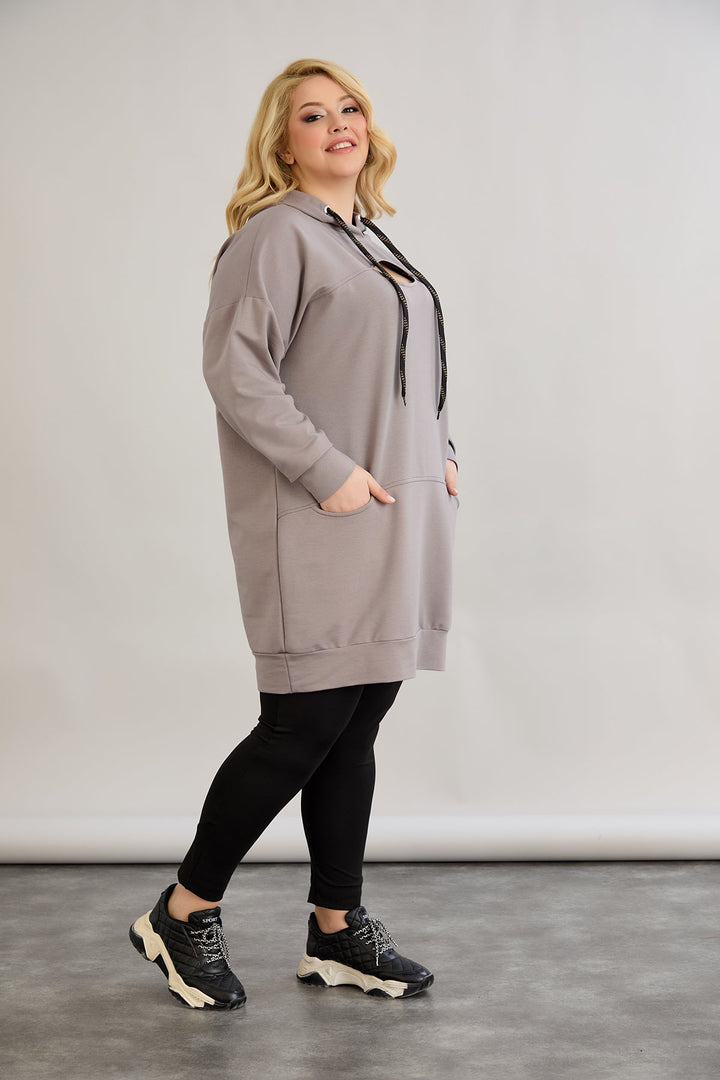 Dugo hoodie s izrezom na dekolteu - mliječno siva