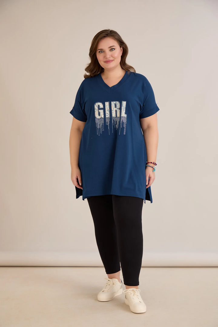 Pamučna tunika s V-izrezom i printom u plavoj boji