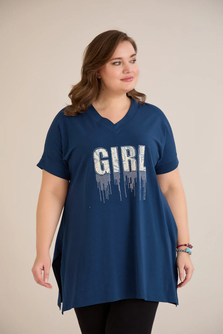 Pamučna tunika s V-izrezom i printom u plavoj boji