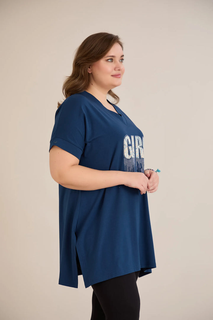 Pamučna tunika s V-izrezom i printom u plavoj boji