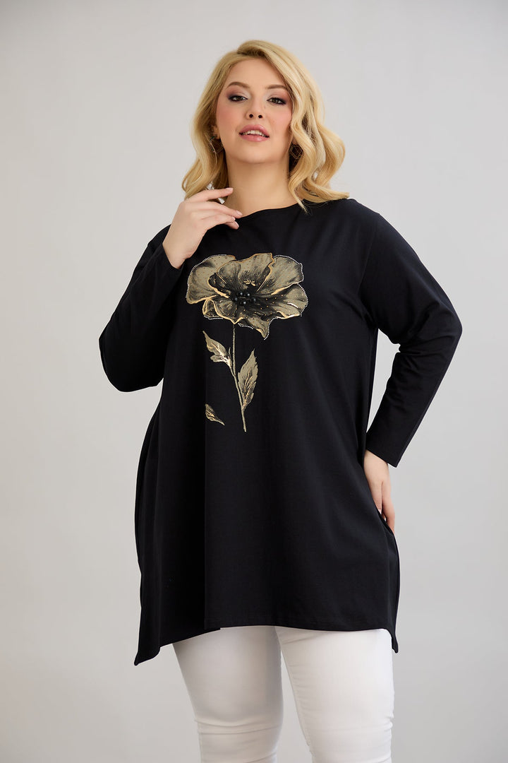 Tunika A-linije s cvjetnim uzorkom i kamenčićima - Crna