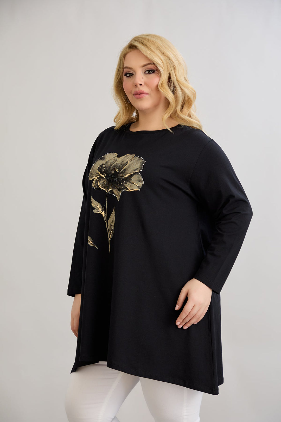 Tunika A-linije s cvjetnim uzorkom i kamenčićima - Crna