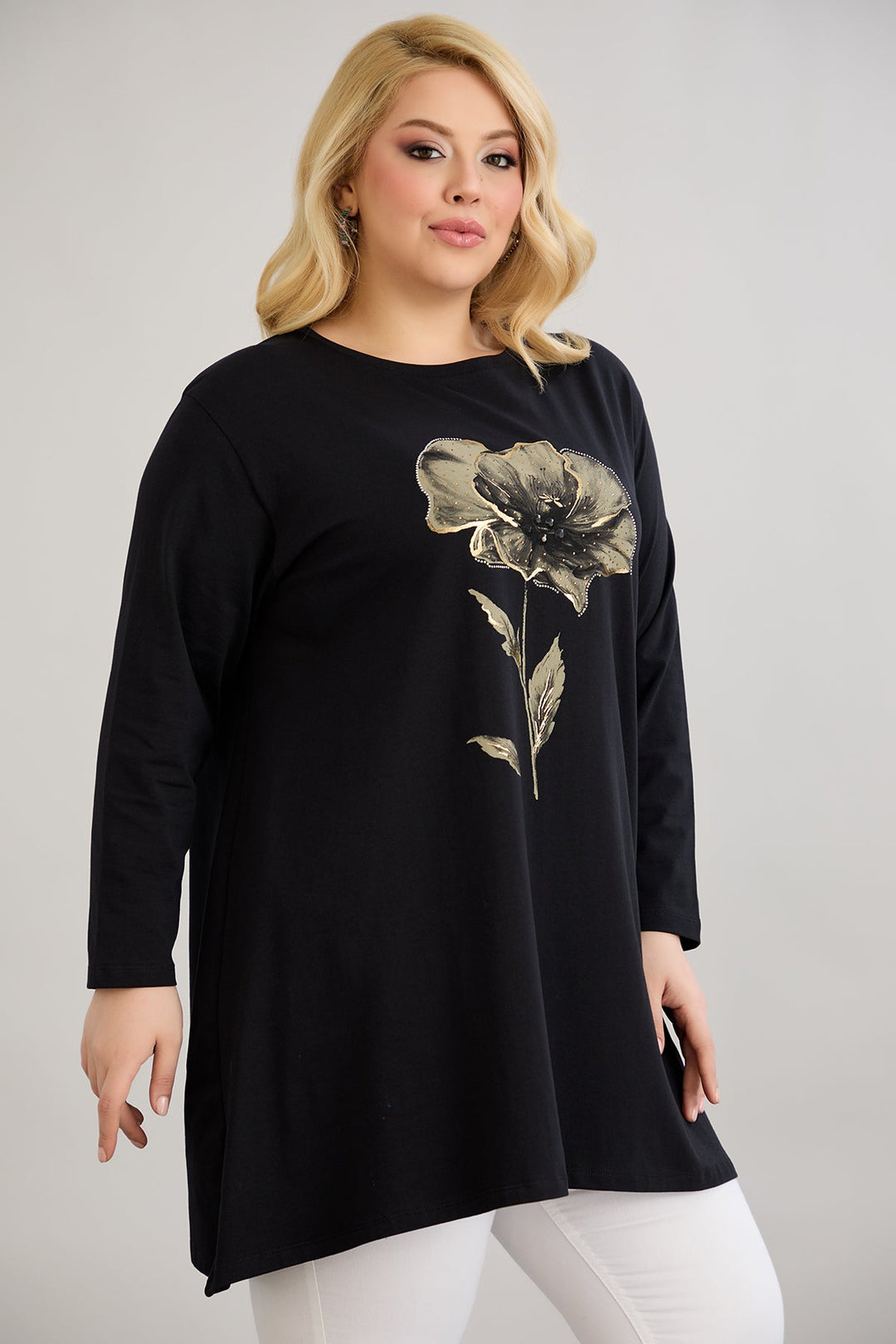 Tunika A-linije s cvjetnim uzorkom i kamenčićima - Crna