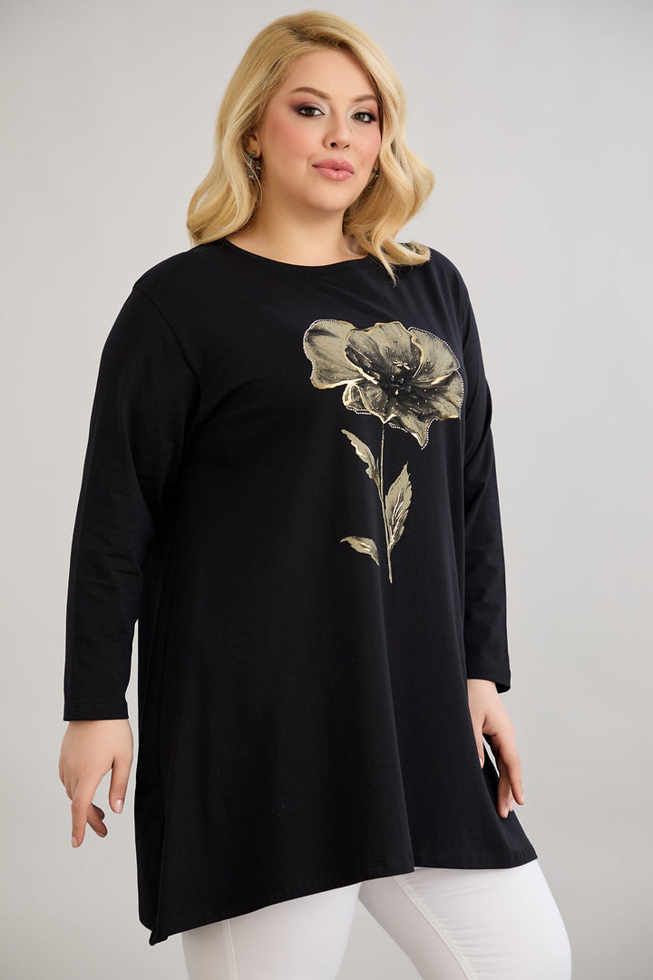 Tunika A-linije s cvjetnim uzorkom i kamenčićima - Crna