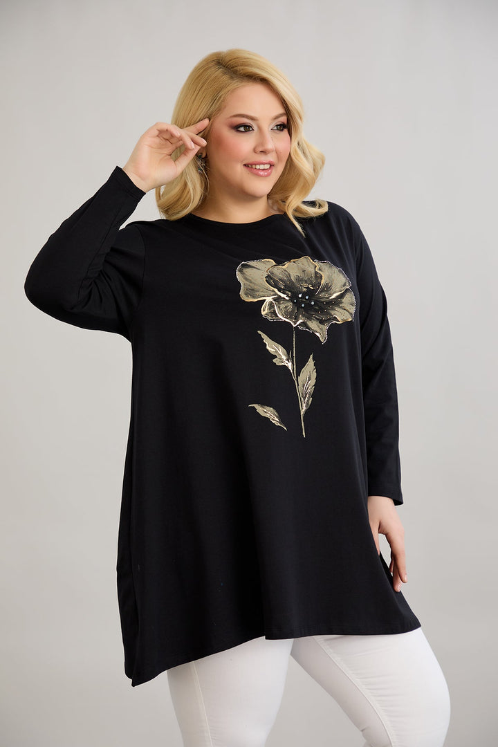 Tunika A-linije s cvjetnim uzorkom i kamenčićima - Crna