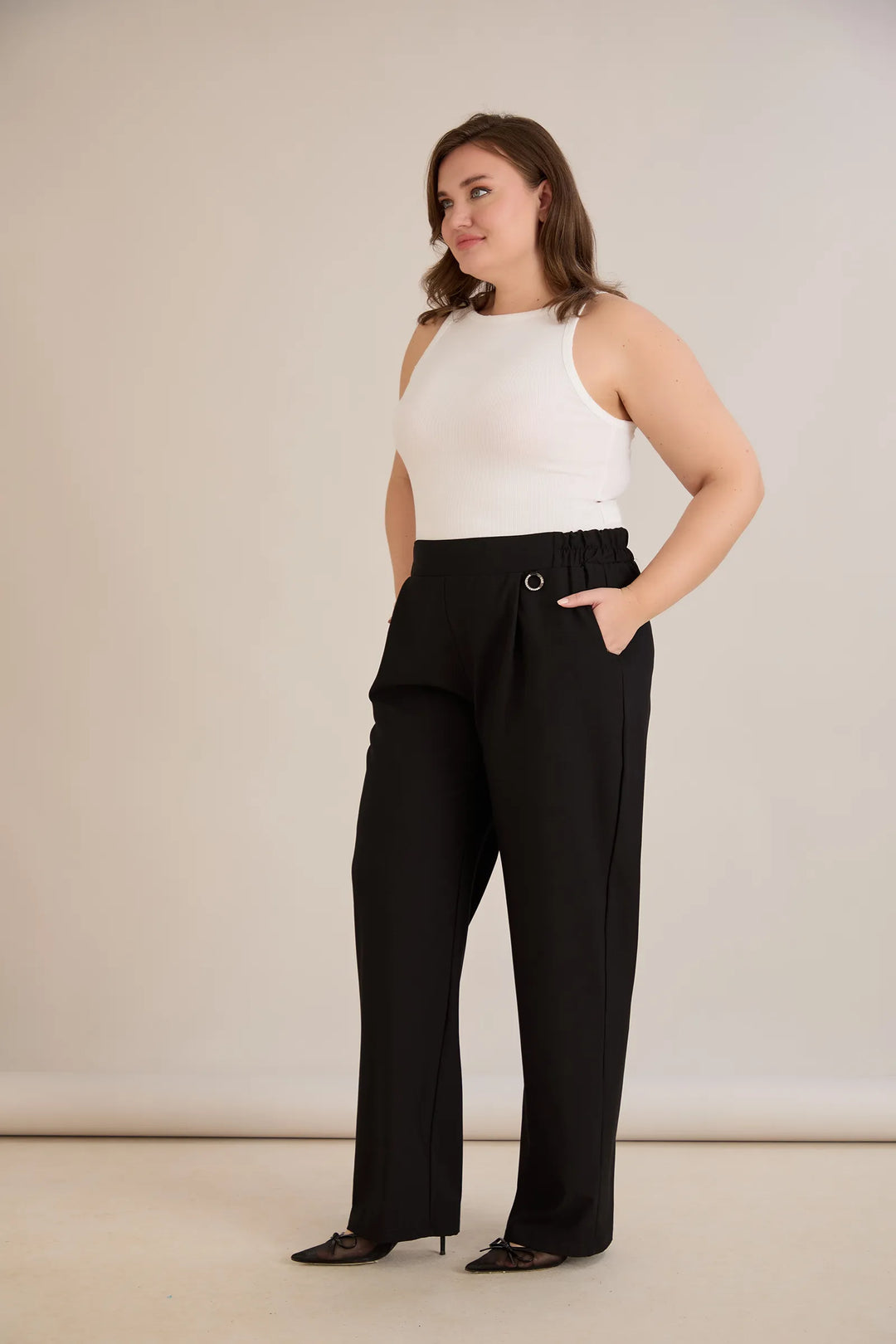 Široke ljetne elastične hlače s pamukom – crne