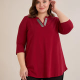 Pamučna tunika s blistavim V-izrezom u bordo boji