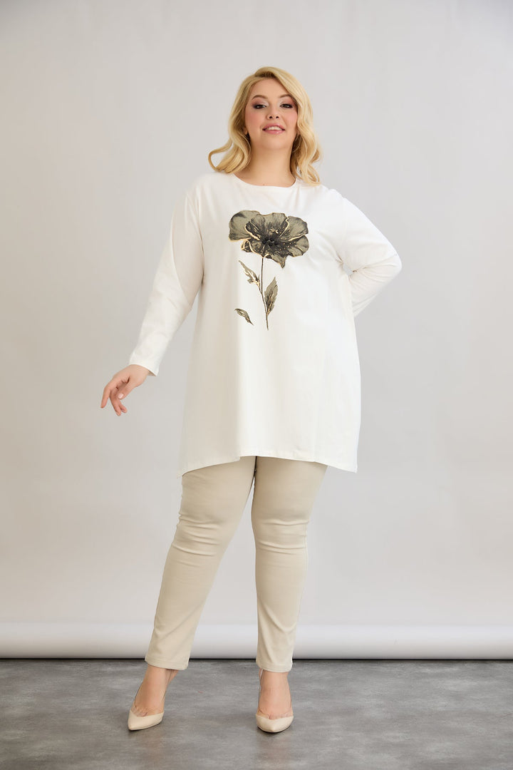 Tunika A-linije s cvjetnim uzorkom i dražesnim kamenčićima - Ecru