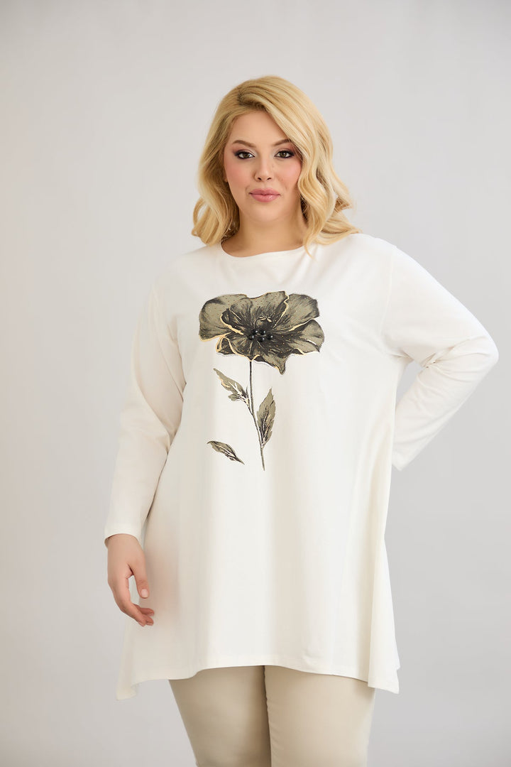 Tunika A-linije s cvjetnim uzorkom i dražesnim kamenčićima - Ecru