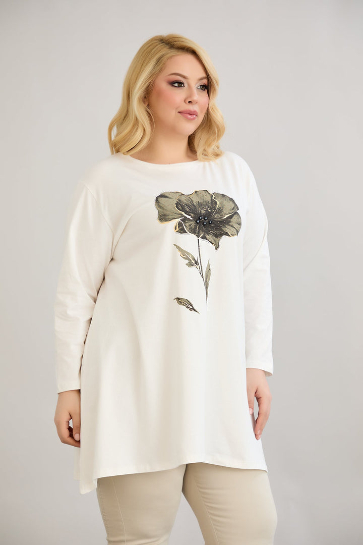 Tunika A-linije s cvjetnim uzorkom i dražesnim kamenčićima - Ecru
