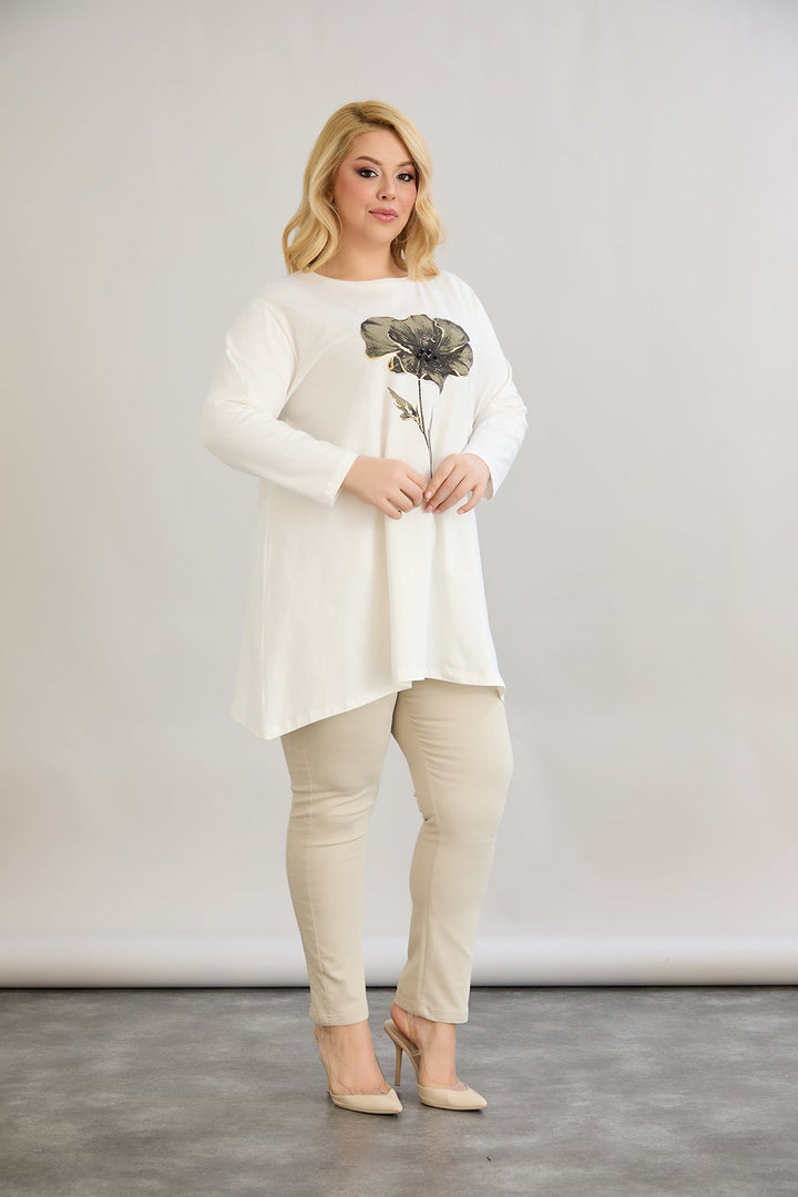 Tunika A-linije s cvjetnim uzorkom i dražesnim kamenčićima - Ecru