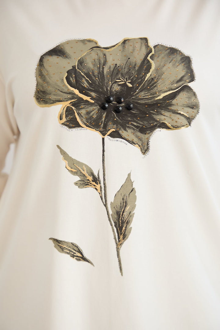 Tunika A-linije s cvjetnim uzorkom i dražesnim kamenčićima - Ecru