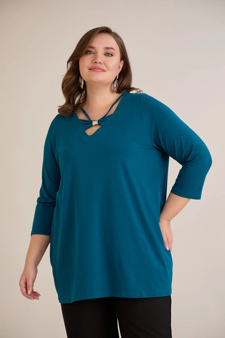 Pamučna tunika s 7/8 rukavima s detaljem – plava | veće veličine
