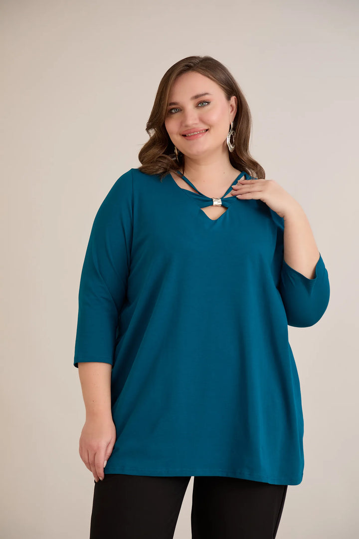 Pamučna tunika s 7/8 rukavima s detaljem – plava | veće veličine