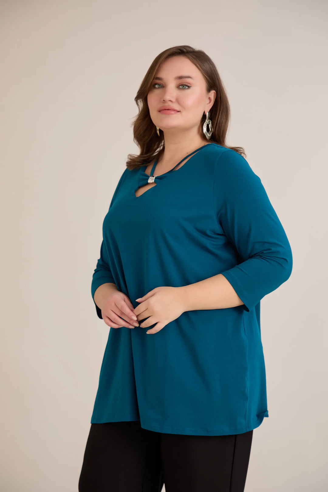 Pamučna tunika s 7/8 rukavima s detaljem – plava | veće veličine