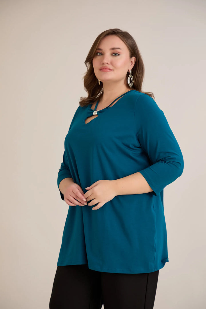 Pamučna tunika s 7/8 rukavima s detaljem – plava | veće veličine