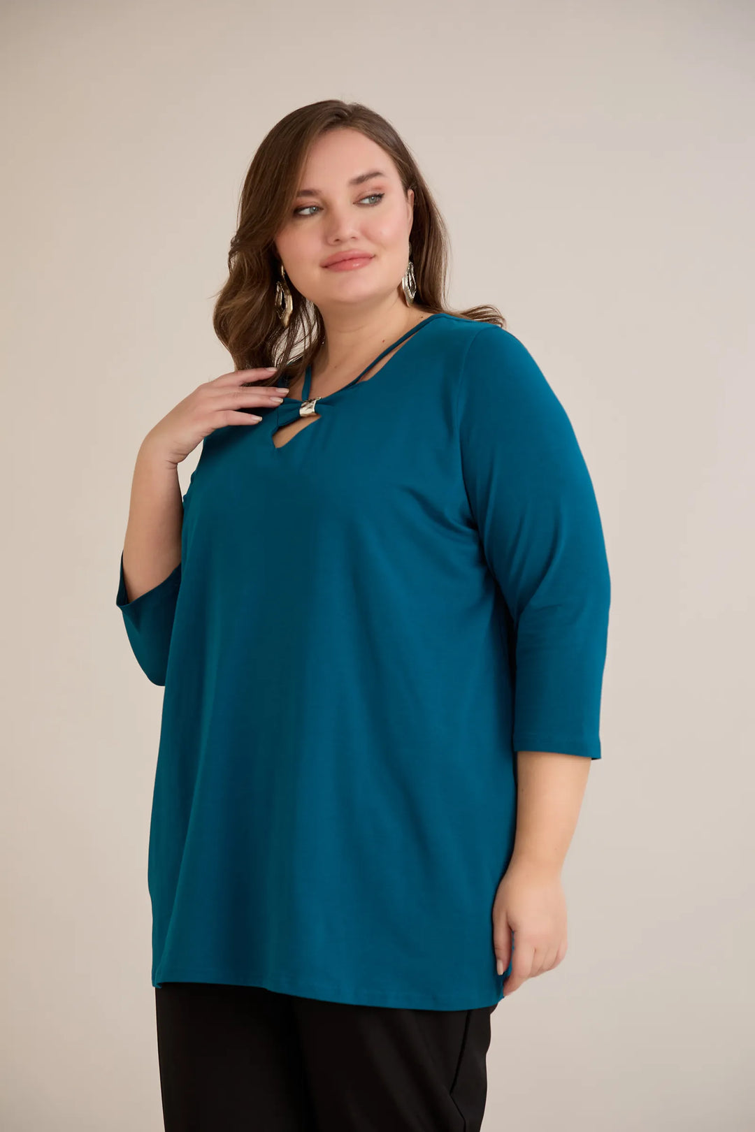 Pamučna tunika s 7/8 rukavima s detaljem – plava | veće veličine