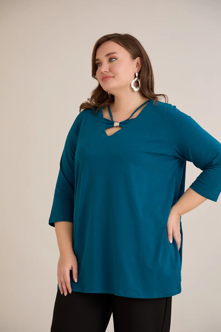 Pamučna tunika s 7/8 rukavima s detaljem – plava | veće veličine