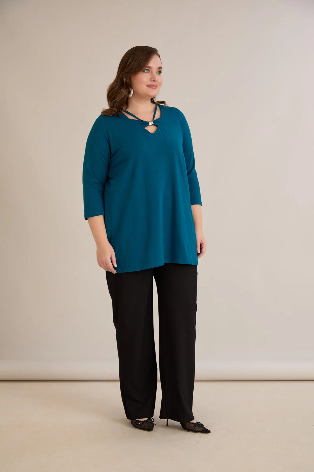 Pamučna tunika s 7/8 rukavima s detaljem – plava | veće veličine