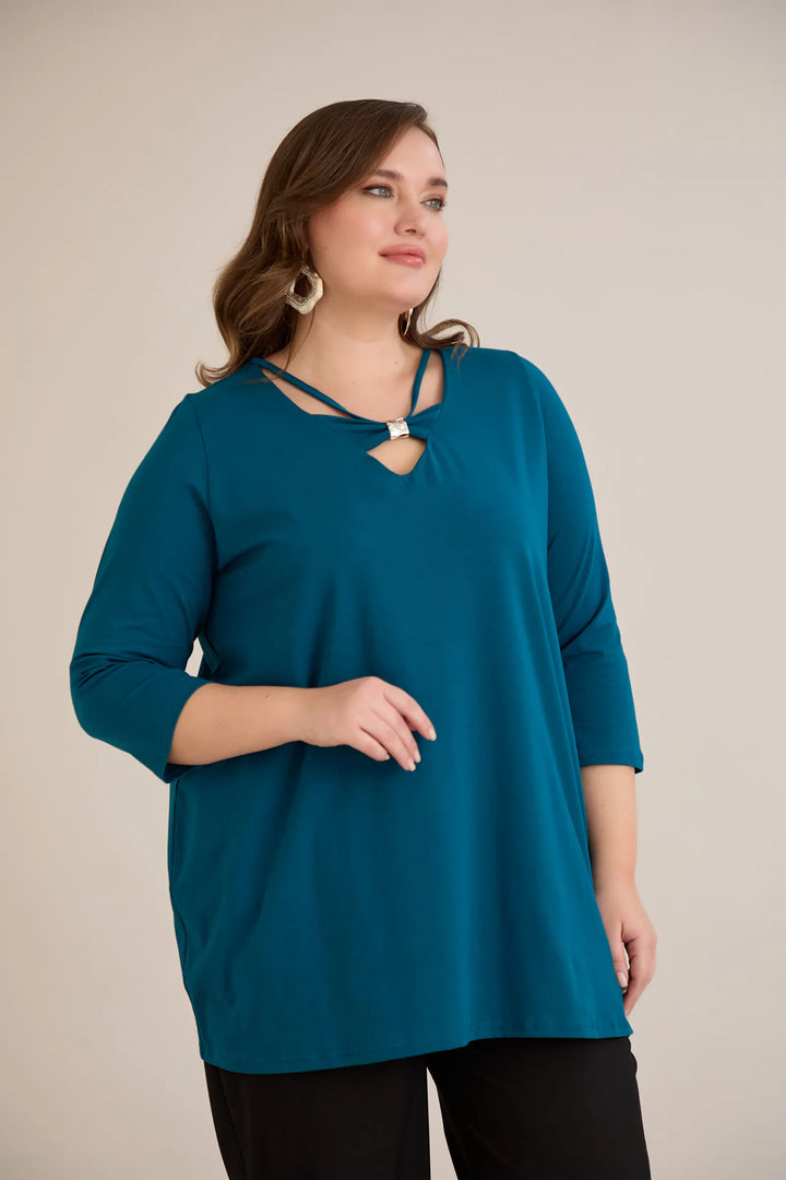 Pamučna tunika s 7/8 rukavima s detaljem – plava | veće veličine