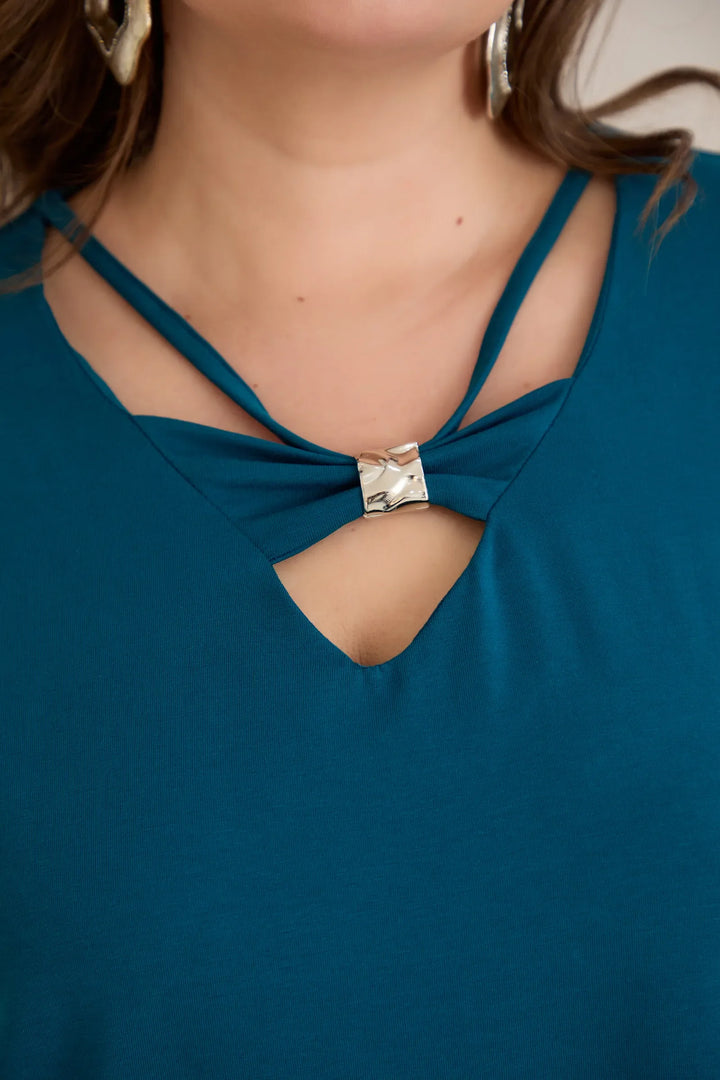 Pamučna tunika s 7/8 rukavima s detaljem – plava | veće veličine