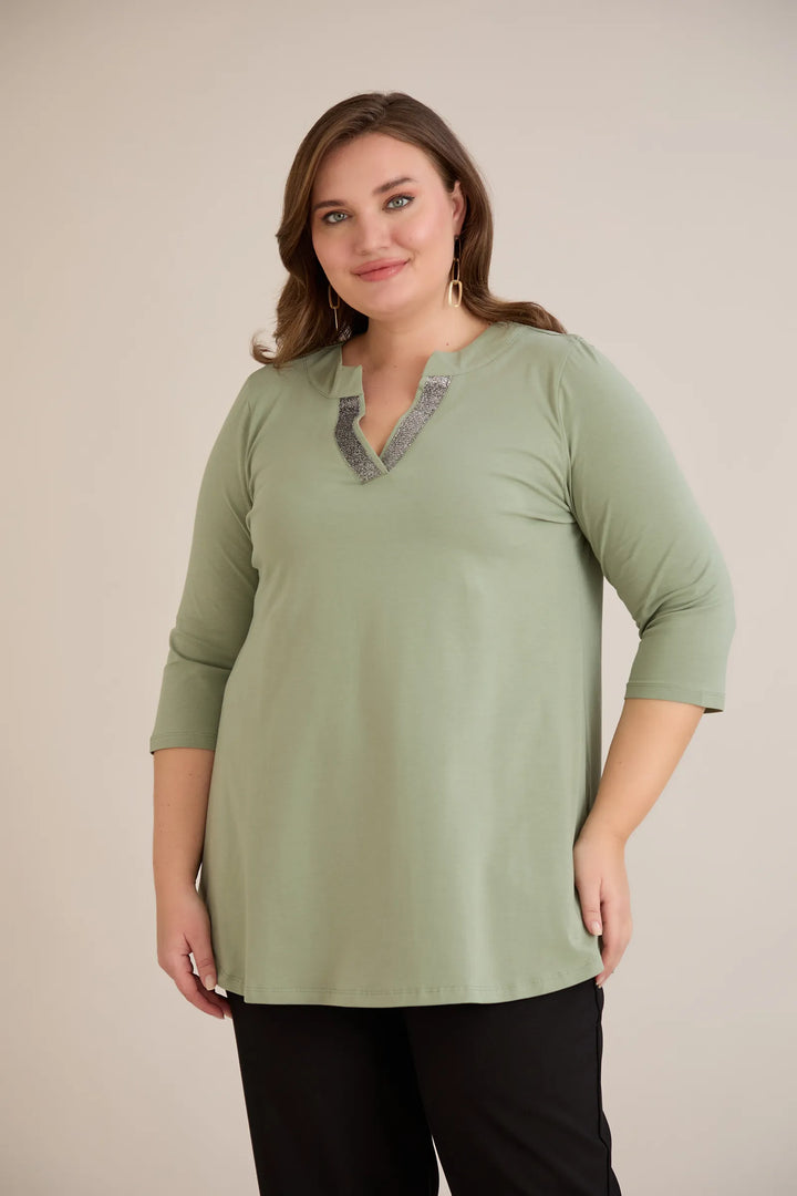 Pamučna tunika s blistavim V-izrezom – Maslinasta