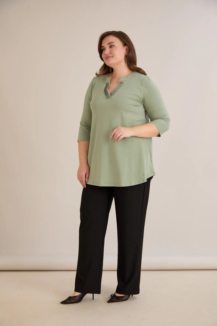 Pamučna tunika s blistavim V-izrezom – Maslinasta