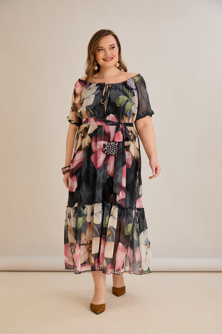 Duga šifonska haljina s volanima i Carmen izrezom