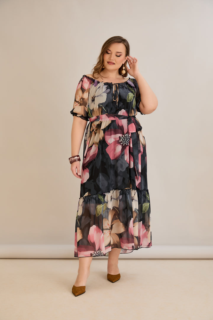 Duga šifonska haljina s volanima i Carmen izrezom