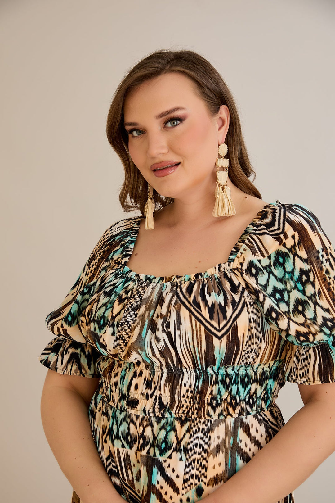 Boho haljina s kvadratnim izrezom i volan rukavima - 10130