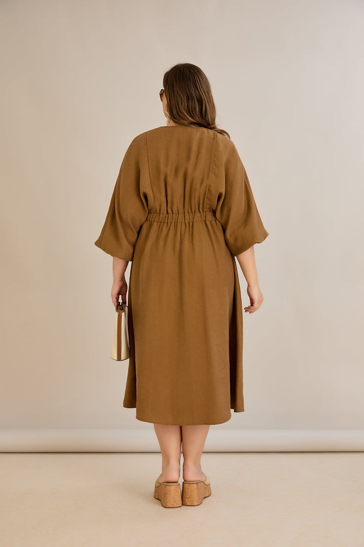 Tencel haljina s ukrasnim dekolteom i elastičnim strukom - Kave - 10964