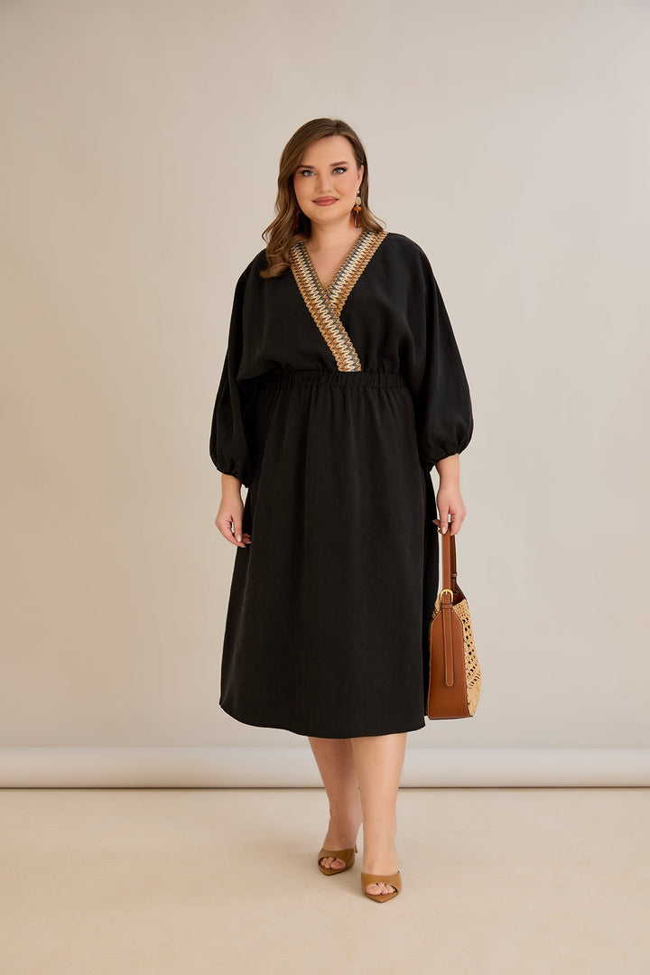 Tencel haljina s ukrasnim dekolteom i elastičnim strukom - Crna - 10964