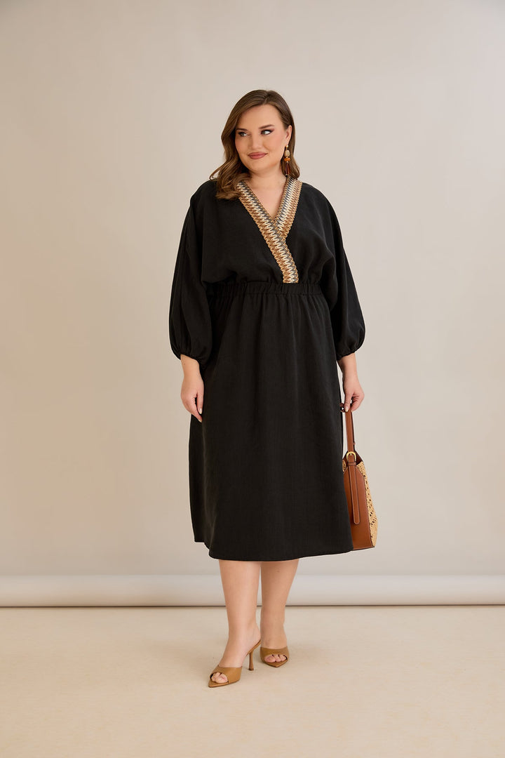 Tencel haljina s ukrasnim dekolteom i elastičnim strukom - Crna - 10964