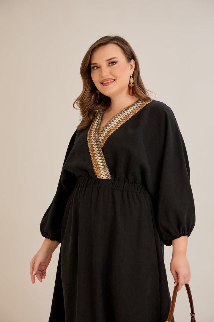 Tencel haljina s ukrasnim dekolteom i elastičnim strukom - Crna - 10964