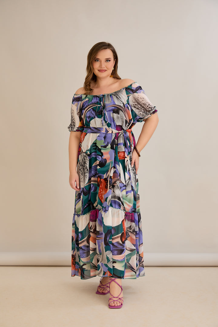 Duga šifonska haljina – Carmen izrez  - Ljubičasta