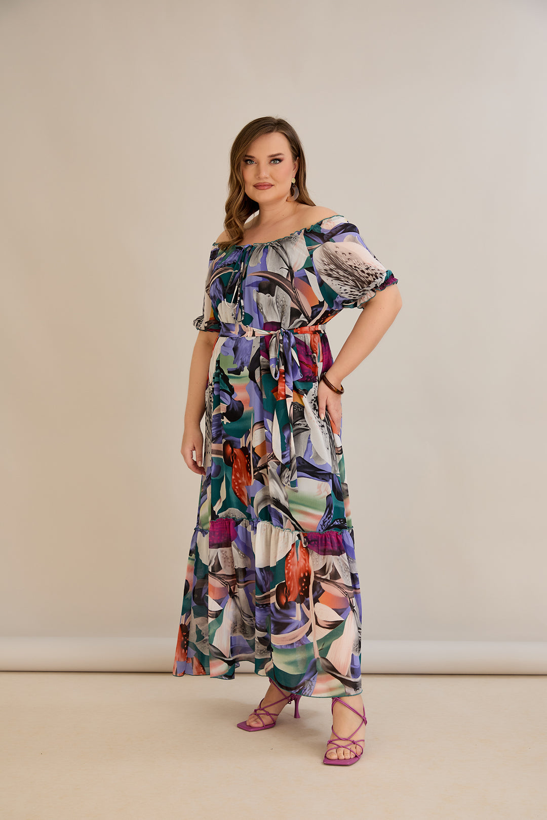 Duga šifonska haljina – Carmen izrez  - Ljubičasta