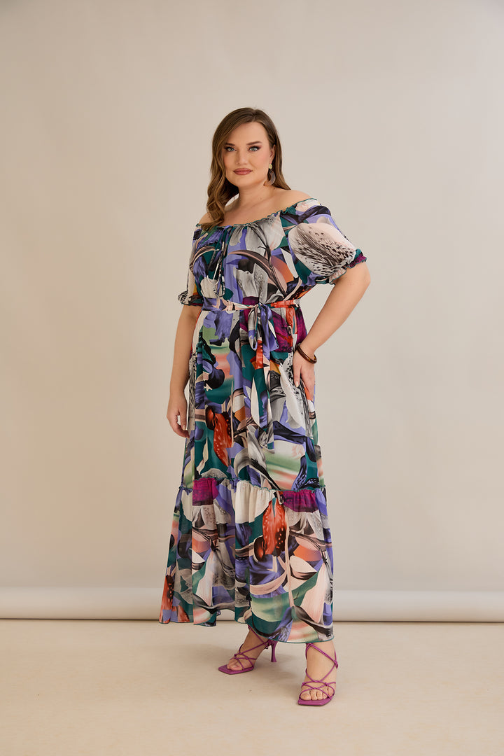 Duga šifonska haljina – Carmen izrez  - Ljubičasta