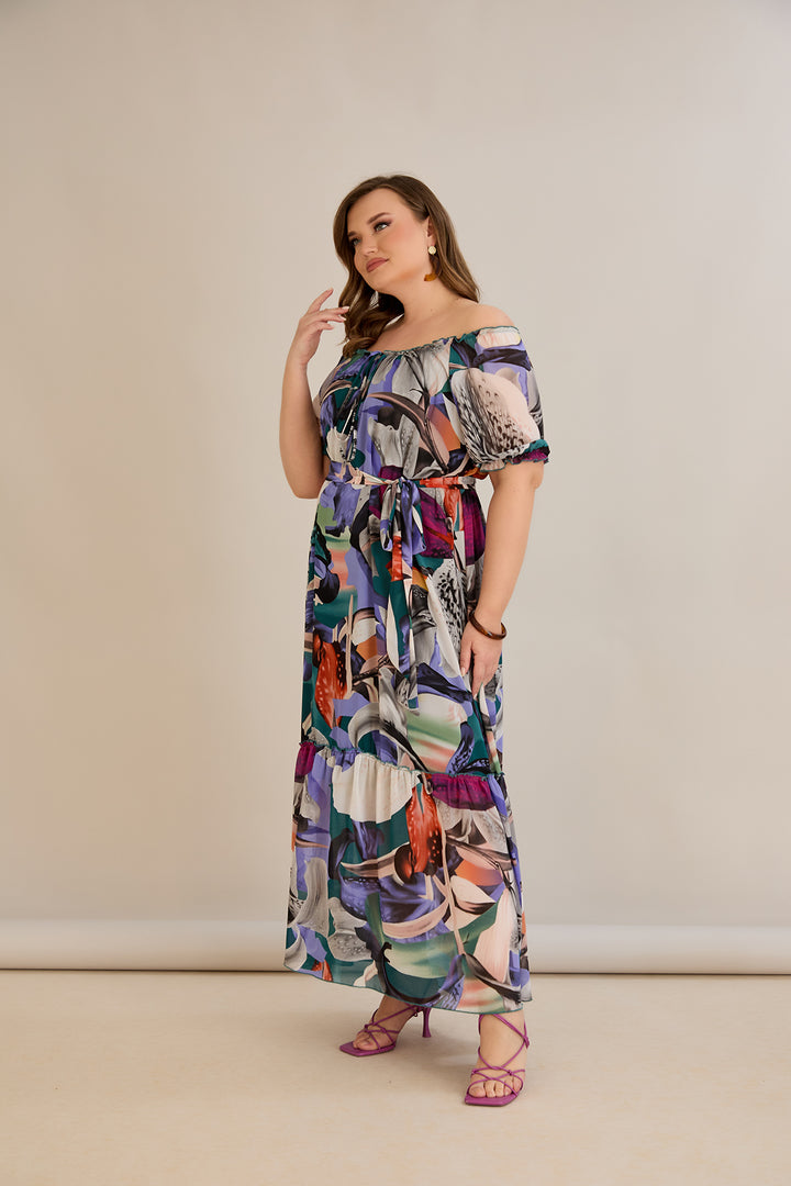 Duga šifonska haljina – Carmen izrez  - Ljubičasta