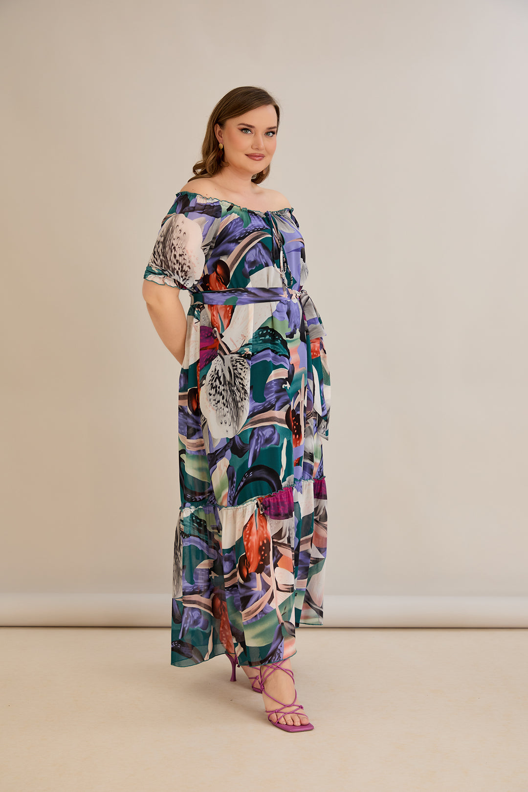 Duga šifonska haljina – Carmen izrez  - Ljubičasta