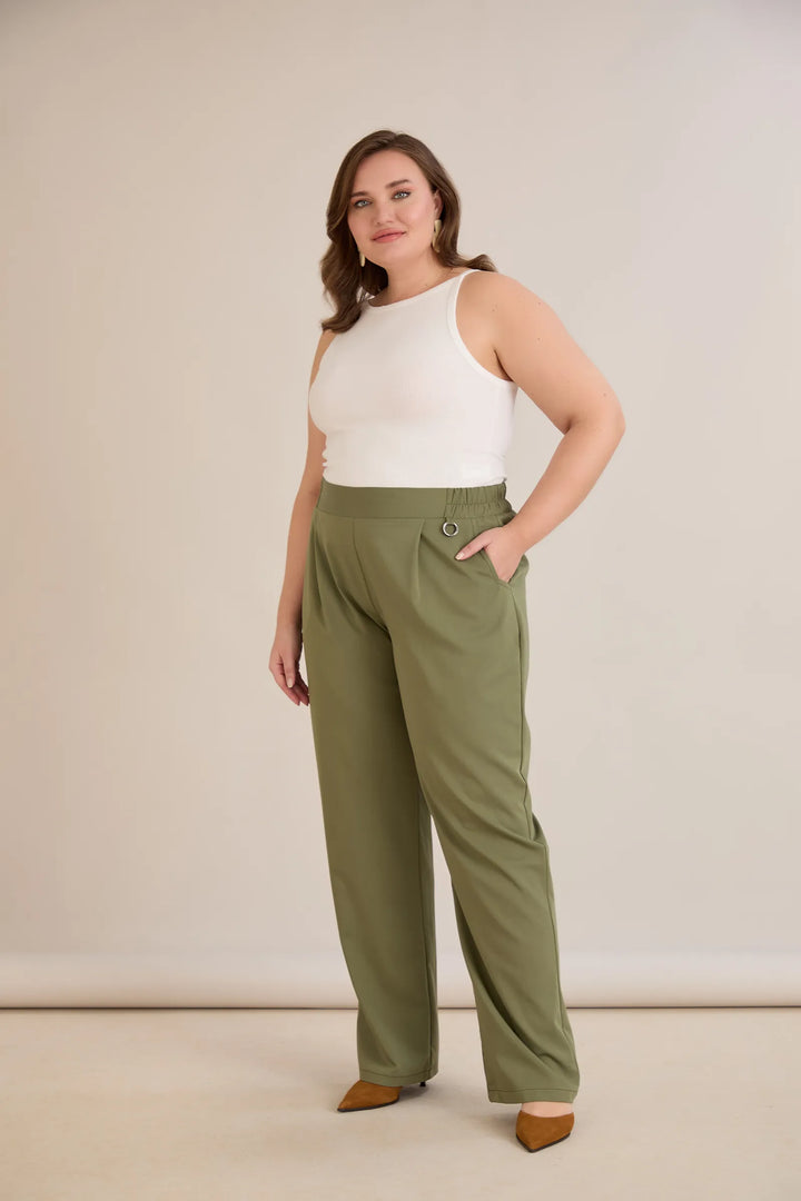 Široke ljetne elastične hlače s pamukom – Maslinasta