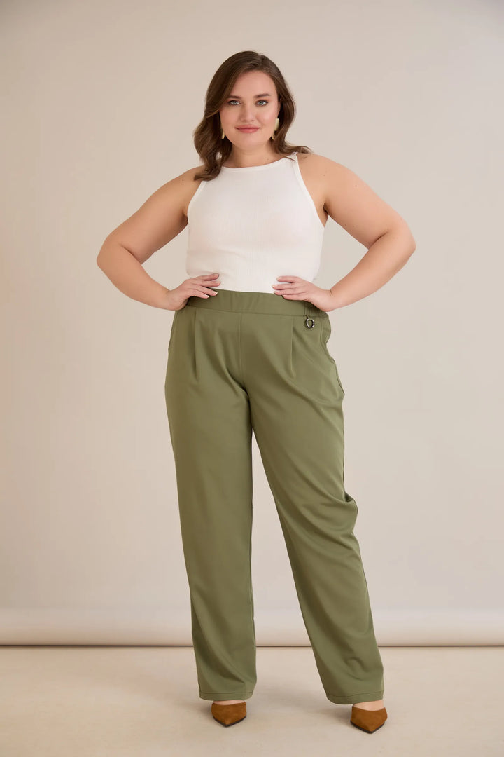 Široke ljetne elastične hlače s pamukom – Maslinasta