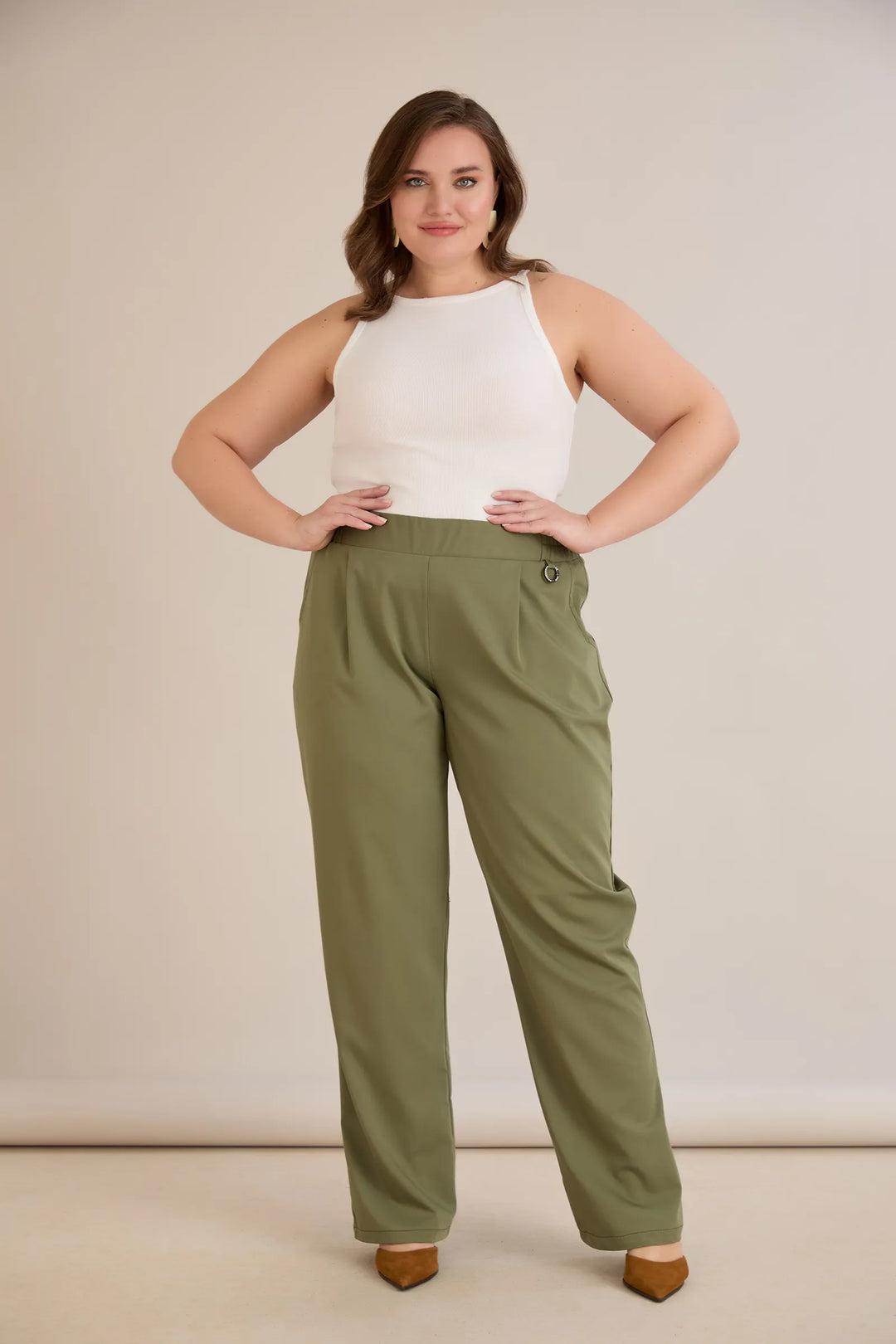 Široke ljetne elastične hlače s pamukom – maslinaste