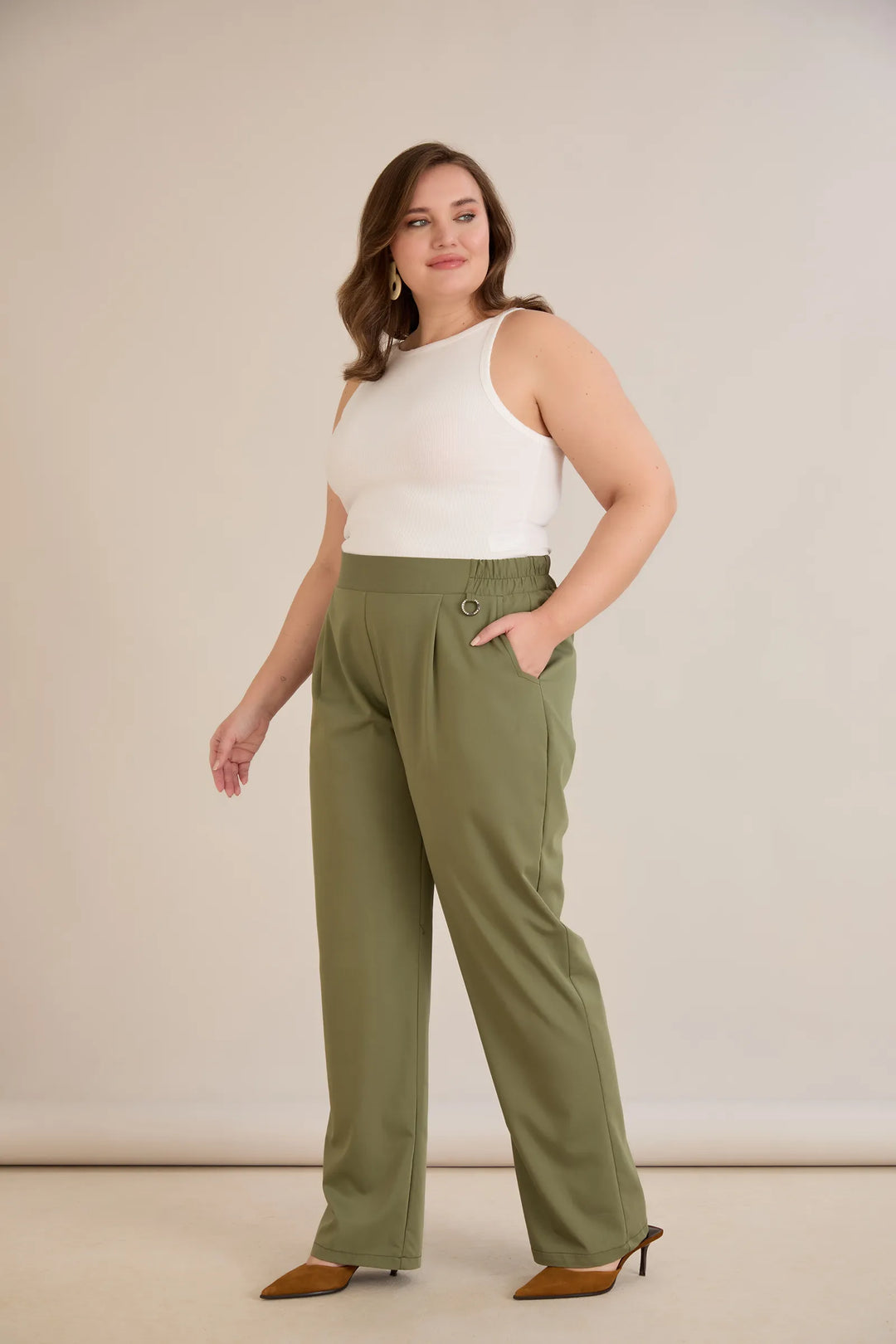 Široke ljetne elastične hlače s pamukom – maslinaste