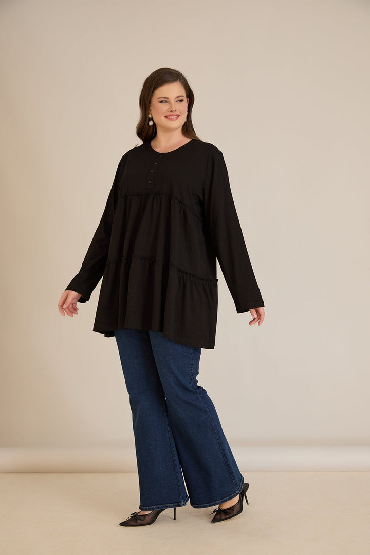 Pamučna ženska tunika s dugim rukavima u crnoj boji