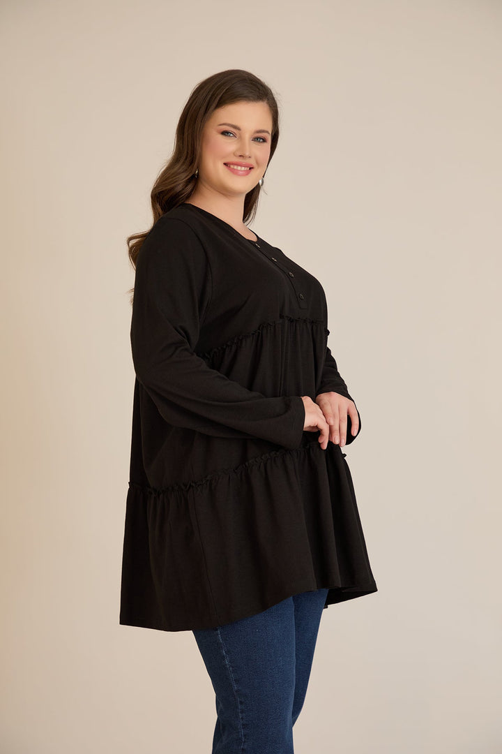 Pamučna ženska tunika s dugim rukavima u crnoj boji