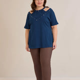 Plus size pamučna bluza s atraktivnim izrezom i perlama – Plava