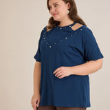 Plus size pamučna bluza s atraktivnim izrezom i perlama – Plava