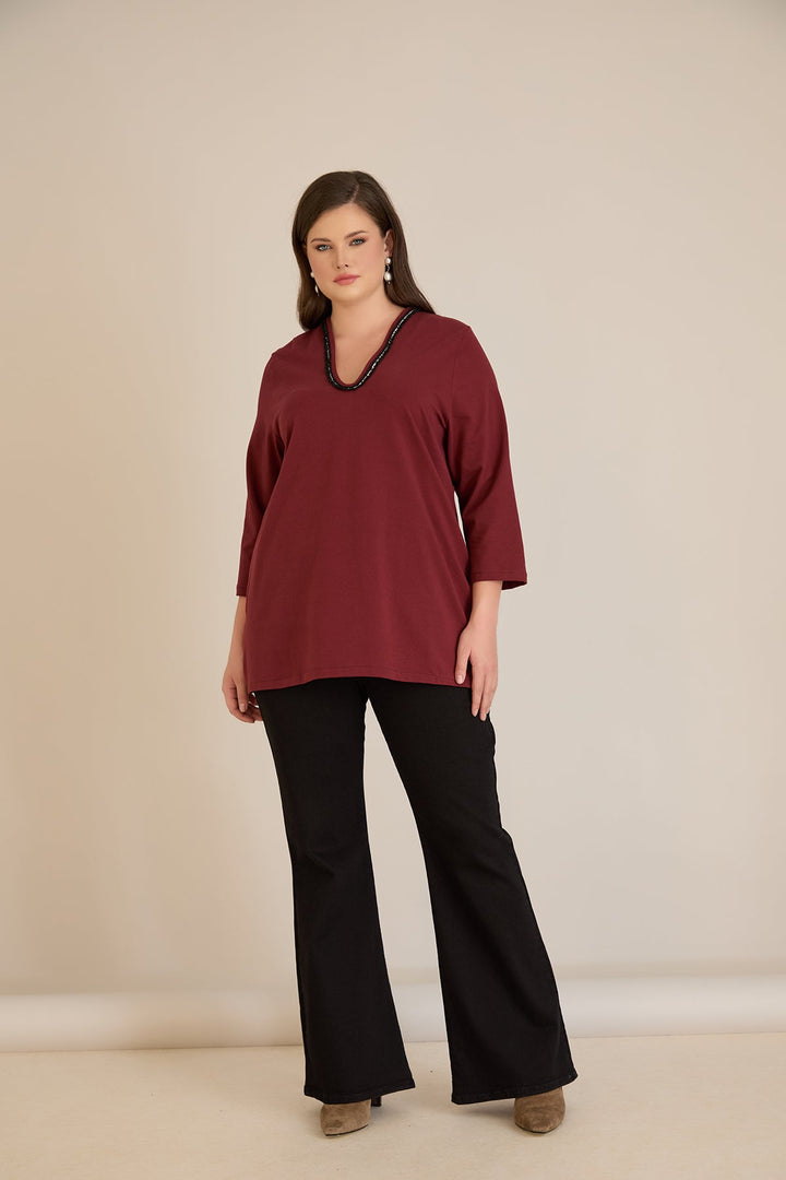 Pamučna bluza sa V dekolteom i srebrnim obrubom