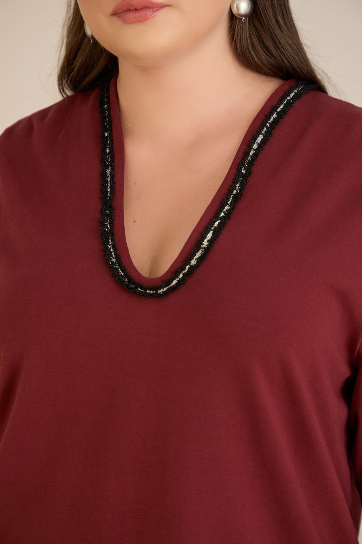 Pamučna bluza sa V dekolteom i srebrnim obrubom