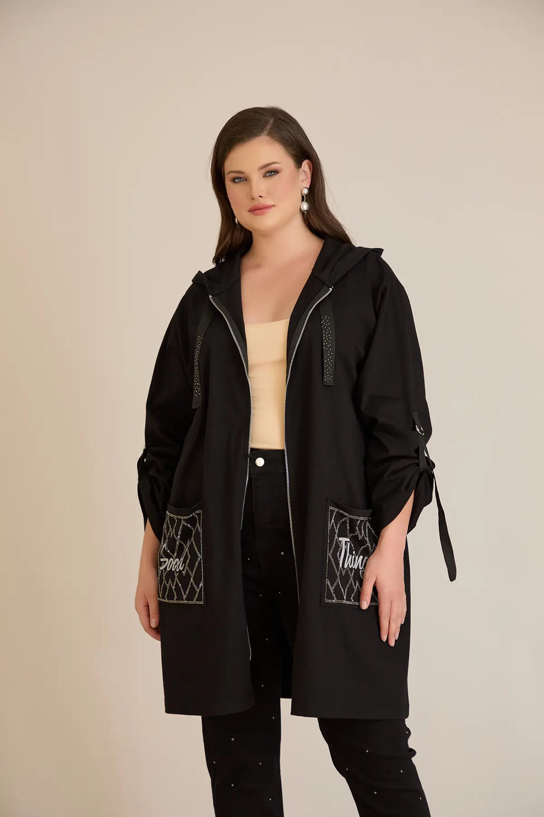 Ženski pamučni blejzer s kapuljačom i džepovima